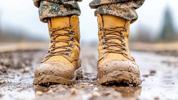 A soldier's feet in muddy boots standing in the mud photo