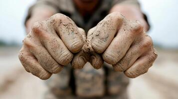 A man with dirty hands holding up two fingers photo