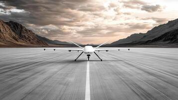 A white airplane sitting on the runway in the desert photo