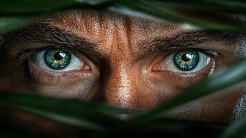 A man with green eyes peeking out from behind leaves photo