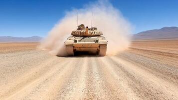 An army tank driving down a desert road photo