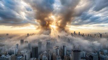 A city with smoke coming out of the sky photo