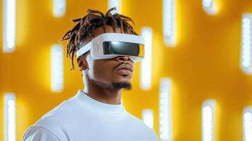 A man wearing a white shirt and a pair of virtual glasses photo