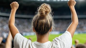 A woman with her arms raised in front of a crowd photo