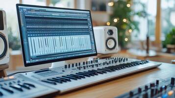 A computer monitor and keyboard in a music studio photo