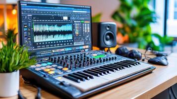A laptop with a mixer and other electronic equipment photo