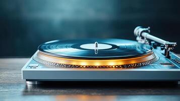A turntable with a record player on top of a wooden table photo