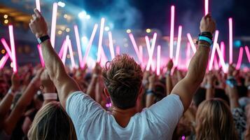 A man with his hands up at a concert photo