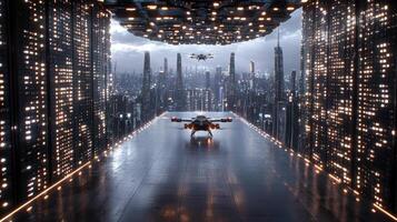 A futuristic city with a large building in the background photo
