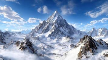 A mountain range with snow covered peaks photo