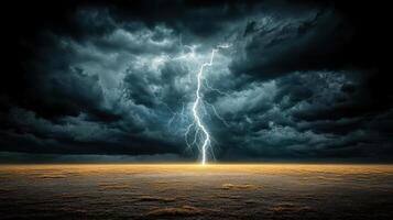 A lightning bolt strikes through the sky in a dark and stormy sky photo