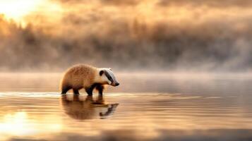 A badger is standing in the water at sunrise photo