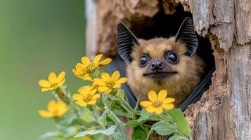 A bat is peeking out of a hole in a tree photo