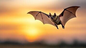 A bat flying in the air at sunset photo