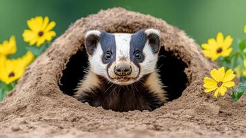 A badger is peeking out of its hole in the dirt photo