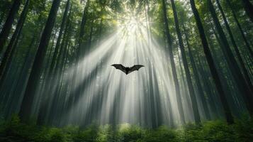 Bat flying in the forest with sunlight photo