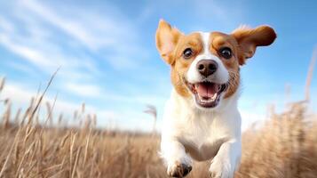 A dog running through tall grass photo