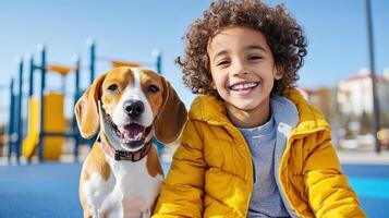 A young boy and his dog are sitting on a playground photo