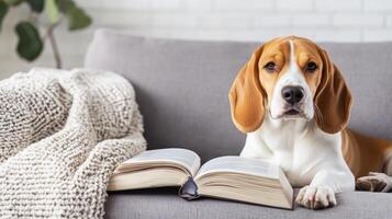 A beagle dog is reading a book on the couch photo