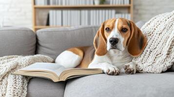 A beagle dog is sitting on a couch with a book photo