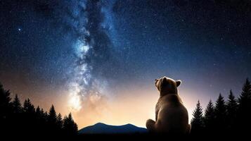 A dog sitting on a hill looking at the milky photo