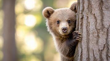 A brown bear peeking out from behind a tree photo