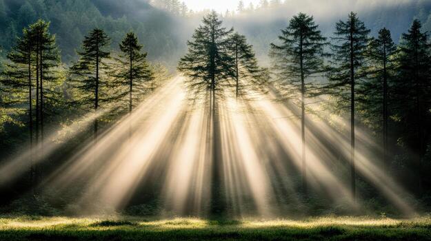 Sunbeams shine through trees in a forest photo