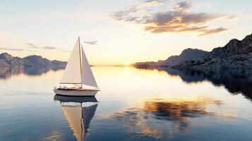 A sailboat floating on the calm water at sunset photo