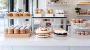 A bakery counter with various cakes and pastries photo
