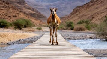 A camel walking across a wooden bridge in the desert photo