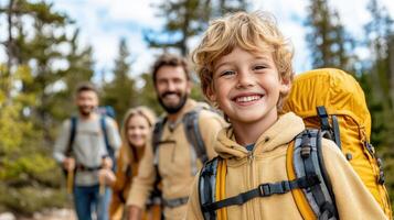 A family of four is hiking in the mountains photo