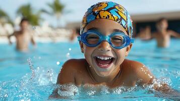 A young boy wearing goggles and swimming in a pool photo