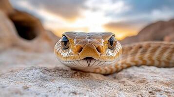 A close up of a snake's head with the sun setting behind it photo