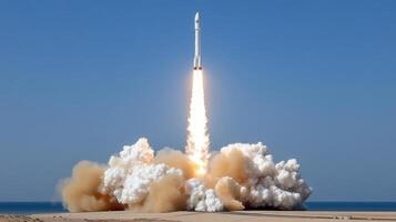 A rocket launches into the air from the beach photo