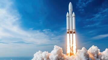 A rocket is taking off into the sky photo