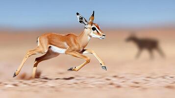 A small antelope running across a sandy field photo