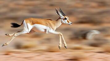 A small antelope running across a desert photo