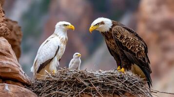 Two bald eagles and a baby bird in a nest photo