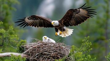 A bald eagle and its young are flying over a nest photo