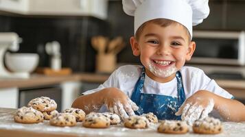 A young boy in a chef hat is making cookies photo
