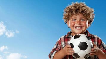 A boy with curly hair holding a soccer ball photo