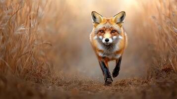 A fox running through tall grass in a field photo