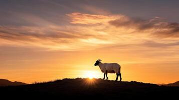 A goat stands on a hill at sunset photo