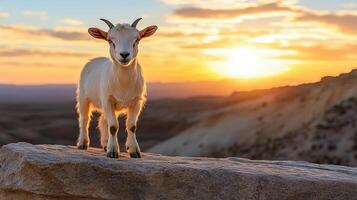A goat stands on a rock at sunset photo