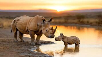 A mother rhino and her baby are standing in the water photo