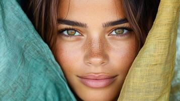 A woman with freckles and brown eyes under a green and yellow cloth photo