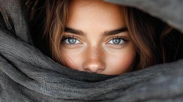 A woman with blue eyes peeking out from behind a cloth photo