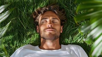 A man is sleeping in the grass with his eyes closed photo