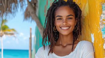 A beautiful young woman with dreadlocks leaning against a wall photo