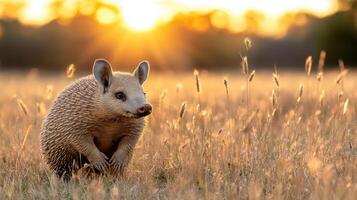 A baby armadillo in a field at sunset photo